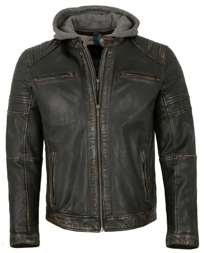 Jack Hanter Herren Lederjacke Lammnappa Bikerjacke Kapuze schwarz-beige Größe 50