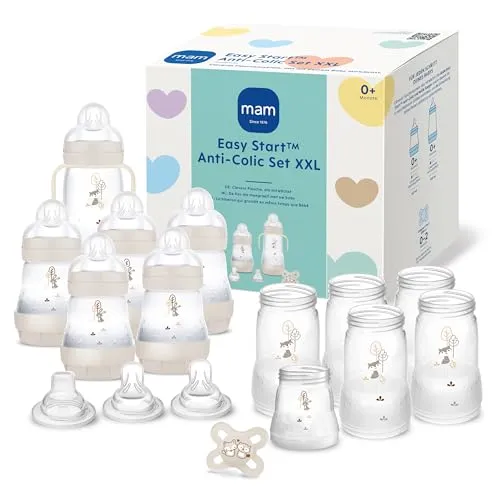 MAM Easy Start Anti-Colic Babyflaschen Set XXL, mitwachsende Baby Erstausstattung mit Schnuller, Flaschen, Sauger und mehr, Baby Geschenk Set, ab Geburt, beige