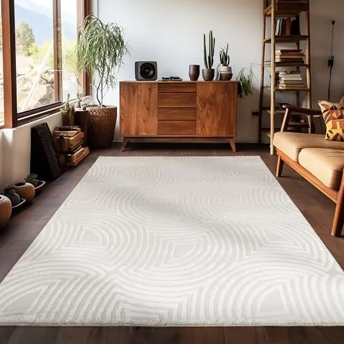 Carpetsale24 Kurzflor Teppich Läufer 80x150 cm Creme Modern Skandinavisch Boho Design Einfarbig 3D Effekt Weich Waschbar Pflegeleicht für Flur Eingang Küche Schlafzimmer