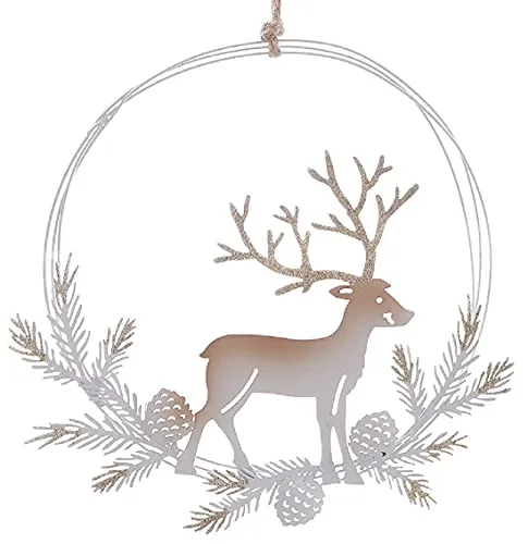 ETC dekorativer weihnachtlicher Fensterhänger Dekokranz Türkranz Rentier im Tannenkranz Metall weiß-beige mit Godglitzer, Creme, ca. 20 x 22,5 cm hoch