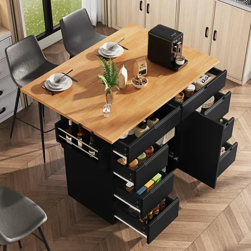Fortuna Lai Moderne Kücheninsel, Küchenschrank, Ausziehbarer Küchenwagen mit Rollen und Arbeitsplatte, Servierwagen mit Gewürzregal und 8 Schubladen, Schwarz