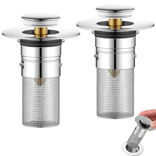 Druuzyl 2 Stücke Waschbeckenstöpsel 34-40mm Universal Edelstahl Pop-up Abflusssieb, Abflusssieb Abflussstopfen, Abflussstopfen Waschbecken mit Haarsieb für Drain Plug on The Worktop