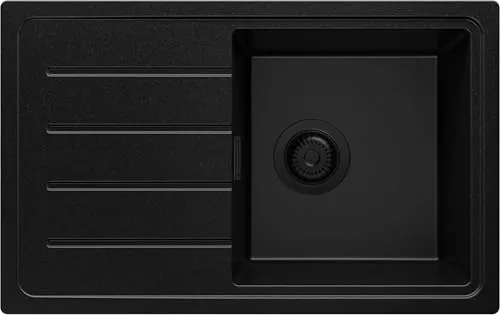 PRIMAGRAN Spülbecken Alles Schwarz 70x44cm, Granitspüle 1 Becken + Ablauf-Set, Küchenspüle ab 45er Unterschrank - Kopenhagen Easy S025