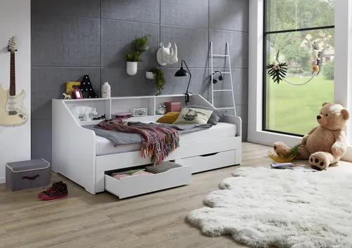 Boxxx Ausziehbett – Flexibles Bett für Kinderzimmer - Funktionales Ausziehbett in Weiß, aus vollmassivem Holzwerkstoff. Mit 3 Fächern ideal für Platzersparnis und Ordnung im Kinder- & Jugendzimmer.