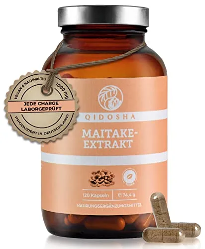 QIDOSHA® Maitake 20:1 Extrakt Kapseln hochdosiert, 120 Kapseln im Apotheker-Glas, 1000 mg Dual-Extrakt je Tagesportion, Premium Maitake-Pilz Kapseln, Klapperschwamm, vegan, deutsche Fertigung