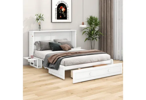 MODFU Stauraumbett Mobiles Schrankbett aus Holz, 90/140 x 200cm - Platzsparendes Schrankbett mit praktischer Klappfunktion und Stauraum. Ideal für kleine Räume, bietet es eine große Schublade und zwei seitliche Regale für persönlichen Komfort.