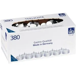 Gies Teelichte 380er-Karton - RAL-Kerzenqualität, Ø 38 mm, Brenndauer ca. 4 Stunden, perfekt für Gastronomie und besondere Anlässe.
