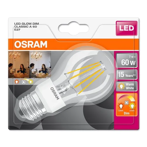 Osram LED Filament A60 7W ~ 60W E27 klar Glow Dim warmweiß 2200K-2700K DIMMBAR
