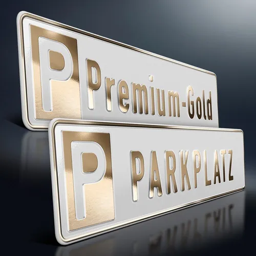 Parkplatzschild Premium | GOLD auf WEISS | Wunschtext | Aluminium Kennzeichen