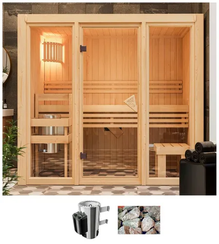 Karibu Sauna Alani 2 – Energiesparende Elementsauna - Die Karibu Sauna Alani 2 beeindruckt mit 68 mm Wandstärke und integrierter Mineralwolldämmung für hervorragende Energieeffizienz. Kompakt mit Außenmaßen von 216 x 122 cm, ideal für entspannende Momente.
