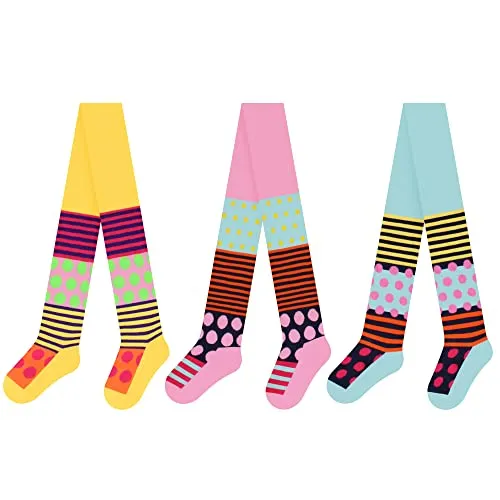 L&K-II 3er Strumpfhose für Mädchen verstärkte Baumwolle Kinder Strumpfhose blickdicht Mädchen Strumpfhosen mit Punkte und Streifen Mustern Mehrfarbig 2761B 146-152