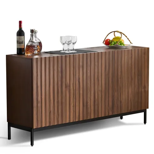 Eiche dunkel gemasert, Sideboard, Mid-Century Modern Dekoschrank, 3 Türen, welliges 3D-Design, verstellbare Einlegeböden, Kippsicherung-stilvolle