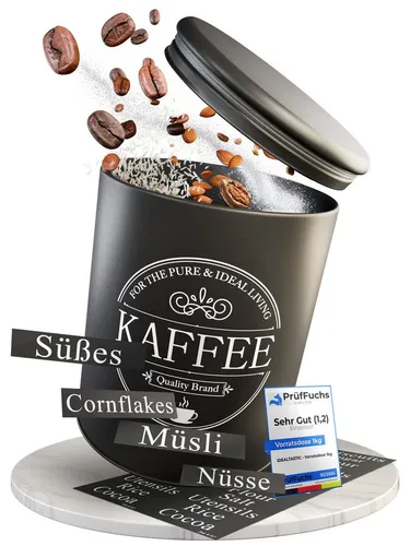 IDEALTASTIC Vorratsdose Premium I Kaffedose I Zuckerdose 1KG I Robuster Vorratsbehälter, Stahl, (mit flexiblen Inhaltstickern I Für alle Lebensmittel, Kaffeedose, Zuckerdose, Mehlaufbewahrung, Salzdose, 1KG), Vorratsdosen zur Zucker, Kaffee & Müsli Aufbewahrung Küche