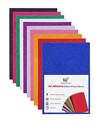 Selbstklebende Glitzer-Schaumstoff-Aufkleber, zum Abziehen und Aufkleben, EVA-Schaum, glänzend, glitzernd, flexibel, weich, leicht zu schneiden, 210 mm x 297 mm, A4, 1,8 mm dick, 10 Farben, 10 Bogen
