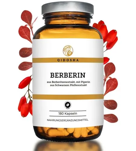 QIDOSHA® Berberin 500 mg - 180 Kapseln im Apothekerglas - Hochkonzentrierter Pflanzenextrakt aus Berberitzen mit Piperin zur Optimierung der Bioverfügbarkeit. Laborgeprüft, in Deutschland hergestellt und nachhaltig verpackt für 6 Monate Versorgung.