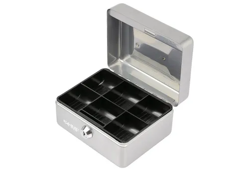 HMF Geldkassette Geldkassette abschließbar, Kasse mit Münzeinsatz, Geldkasse mit 6 Münzfächern 15 x 12 x 8 cm Silber
