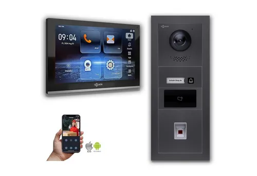 Goliath IP Video-Türsprechanlage mit 10-Zoll Monitor und Fingerprint - Moderne IP-Video-Türsprechanlage mit 10-Zoll Monitor und Fingerabdruckscanner. Bietet höchste Sicherheit und Benutzerfreundlichkeit für Ihr Zuhause oder Gewerbe. Robuste Bauweise und klare HD-Bilder garantieren Zuverlässigkeit.