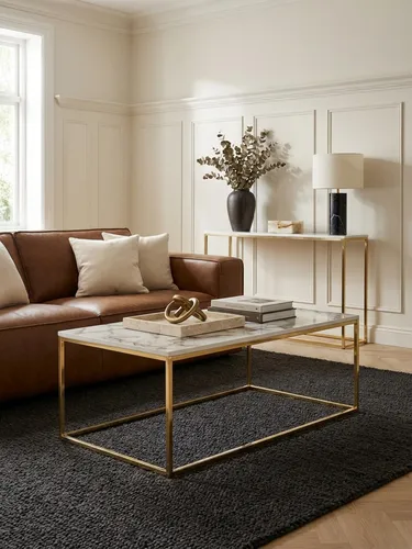 Eleganter Couchtisch 100x60 cm mit Marmor Optik Weiß / Gold - Moderner Couchtisch mit edler Marmor-Optik und robustem Metallgestell, ideal für stilvolle Wohnzimmergestaltung.