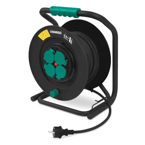 VONROC PRO Kabeltrommel 4-fach mit 25 m Neoprenkabel - Robuste Kabeltrommel für drinnen und draußen mit 4 geerdeten Schuko-Steckdosen. Ideal für Garten, Werkstatt oder Events. Genießen Sie maximale Reichweite und Sicherheit bei jedem Einsatz – bis zu 3000 W Leistung!