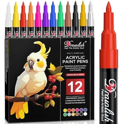 Drawlish Set of 12 Acrylic Paint Pens 0.7mm Extra Fine Tip Water Based Marker for Glass, Ceramic, Fabric, Porcelain, Wood, Canvas, Rock Painting and DIY Cups