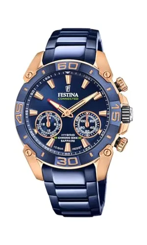 FESTINA F20549/1 Herren Smartwatch - Elegante Hybrid-Uhr aus roségoldfarbenem Edelstahl mit blauem Zifferblatt und Armband. Wasserdicht bis 10 bar – ideal für den modernen Mann.
