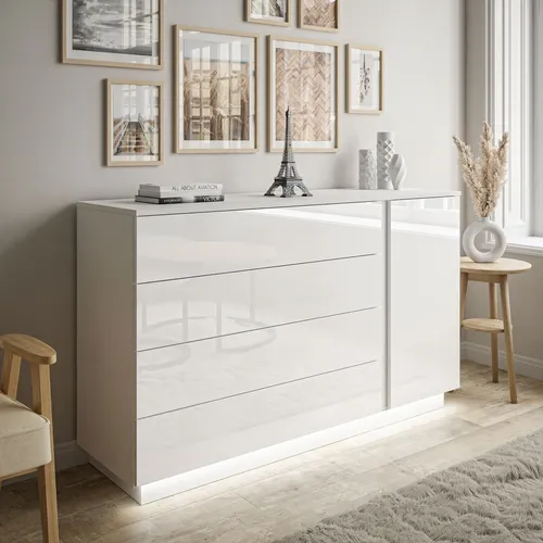 Kommode LINA II Weiß Hochglanz mit LED und PUSHOPEN System