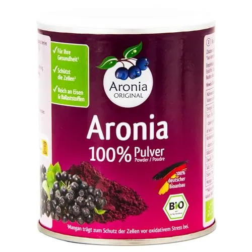 Aronia ORIGINAL 100% Bio Aronia Pulver 100 g - Bio Aronia Pulver aus 1.600 frischen Aroniabeeren, vegan und ohne Zuckerzusatz. Hohe Konzentration an wertvollen Inhaltsstoffen aus Schalen und Kernen für optimale Gesundheit.