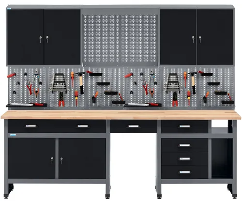 Küpper Werkbankset 70412-9 – Robuste Werkbank mit Hängeschrank - Vielseitiges Werkbankset mit 240 cm Breite, inklusive stabiler Lochwände und Hängeschrank. Hohe Belastbarkeit und praktische Aufbewahrungslösungen für effizientes Arbeiten.