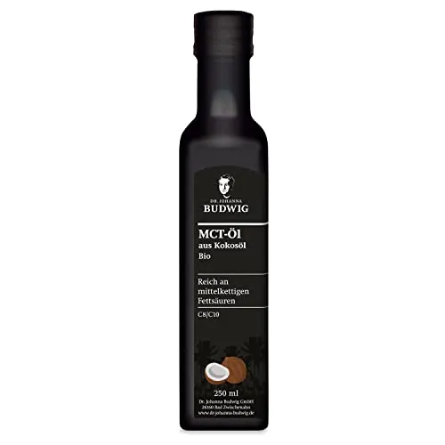 Dr. Budwig Kokosöl Bio MCT Öl (250ml) - nativ kaltgepresst - C8 & C10 Fettsäuren - vegan & ketogene Ernährung - flüssig - geschmacksneutral - mct oil - Ketone zum trinken - laborgeprüft - kokosnussöl