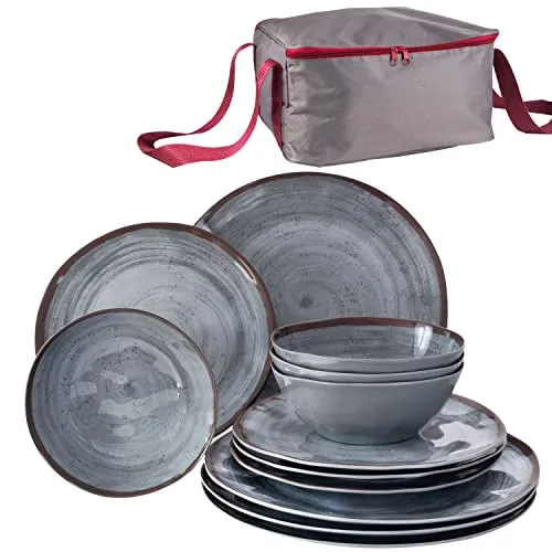 Melamin Camping Geschirr 13 Teile für 4 Personen grau - mit Aufbewahrungstasche - Spülmaschinengeeignet - Essgeschirr Campingzubehör Campinggeschirr Wohnwagen Camping