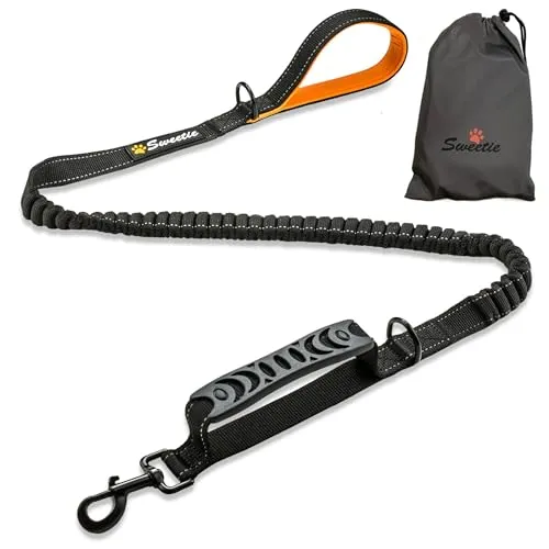 Sweetie Bungle Bungee Leine Hund – Ruckdämpfer Anti Zieh, Doppelgriff Verkehrsgriff, 120–170 cm Verstellbar – Hundeleine Reflektierend für Mittlere und Große Hunde - Schwarz