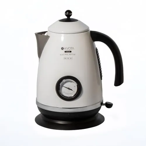 KVOTA Elektrischer Wasserkocher 1,7 L im Retro-Style - Wasserkocher in elegantem Retro-Design, 2200 W Leistung für schnelles Kochen, mit analoger Temperaturanzeige und kabelloser 360° Drehbarkeit – perfekt für Tee und Kaffee.