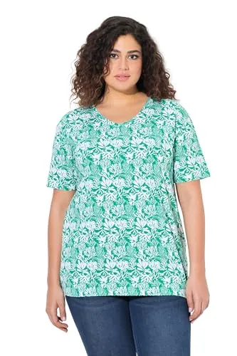 Ulla Popken Damen große Größen Übergrößen Plus Size T-Shirt, floraler Druck, A-Linie, V-Ausschnitt, Halbarm smaragd 50+ 829646457-50+