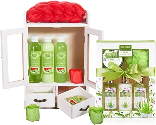 BRUBAKER Cosmetics 2 in 1 Pflegeset Wassermelone & Aloe Vera - Großes 15-teiliges Wellness Set - Damen Dusch- und Badeset - Frauen Beauty Geschenkset mit Deko Holzschrank