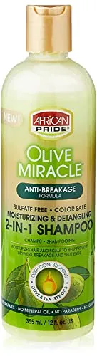African Pride Olive Miracle 2-in-1 Shampoo und Conditioner 355 ml - 2-in-1 Shampoo & Conditioner, stoppt Bruch und Spliss, reinigt und pflegt in einem Schritt mit speziellen Entwirrungsformel für müheloses Kämmen.