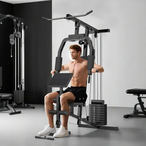 HOMCOM Gym Kraftstation Fitnessstation Multigym mit Gewichten - Kraftstation für Zuhause, verstellbar und mit 120 kg Tragfähigkeit, ideal für effektives Krafttraining und Fitnessübungen.