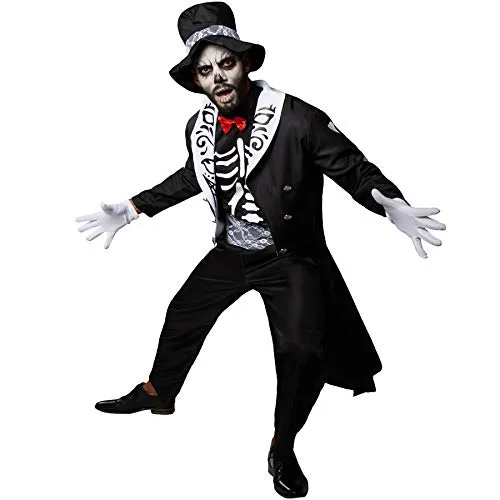 dressforfun 900419 - Herrenkostüm gruseliger Gentleman - Kostüme für Erwachsene mit gruselig-galanter Verkleidung in Schwarz und Weiß, inklusive stylischem Sakko und Knochenaufdruck für einen unvergesslichen Auftritt auf jeder Halloween-Party.