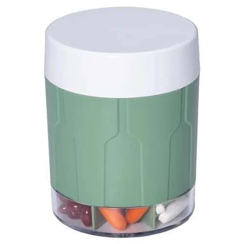 Betife Tablettenbox 7 Tage Große Fächer, Rund Pillendose Groß für Monat Tabletten Aufbewahrung, Tragbare Medikamentenbox Morgens Mittags Abends, xl Pillenbox leicht zu öffnend, Olivgrün (21 Etiketten)
