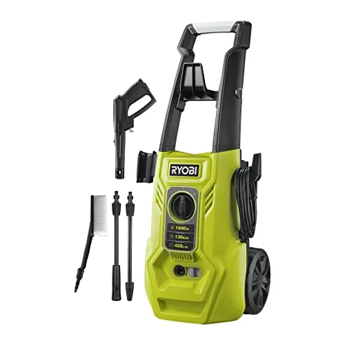 RYOBI Elektro-Hochdruckreiniger RY130PWA - 130 bar Druck - Hochdruckreiniger mit 1600 W Motor, ideal für die gründliche Reinigung von Autos, Gehwegen und Terrassen. Integrierter 0,9-Liter-Reinigungsmitteltank für einfache Handhabung und Zubehörstauraum.