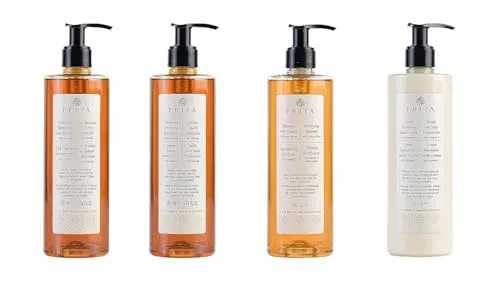 thehotelery.de PRIJA Set 4x380ml Flüssigseife, Haarshampoo/Duschgel Feuchtigkeitslotion Vitamin E & Sheabutter, Aufbau Shampoo, Spa, Hotelkosmetik Wellness, vitalisierend Ginseng