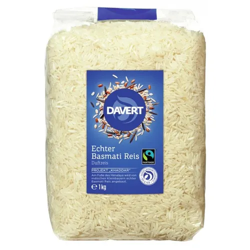 Davert Echter Basmati Reis weiß bio 1kg - Bio-Demeter Basmati Reis aus nachhaltigem Anbau am Himalaya, unterstützt lokale Bauernfamilien und fördert faire Handelspraktiken.