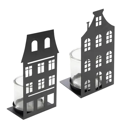 Metall Kerzenhalter Haus Silhouette schwarz 28 x 12 cm - 2er Set - Windlicht mit Glaseinsatz Motiv 2-Fach Sortiert - Weihnachtsdorf Skyline Tisch Deko Laterne für Weihnachten Advent Winter