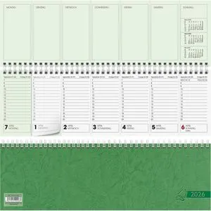 Tischkalender 2026 Querkalender - 1 Woche auf 2 Seiten - Kalender für 2026 mit Spiralbindung und grünem Deckel, bietet eine übersichtliche Wochenansicht auf 120 Seiten im praktischen Format von 326mm × 102mm.