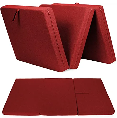 sunnypillow Premium Klappmatratze 80 x 195 x 15cm Rot | 3-teilige Faltmatratze mit abnehmbarem Bezug | Schaumstoff extra dick 15cm | Matratze faltbar klappbar Gästematratze Reisematratze |