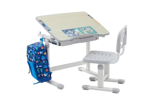 Kinderschreibtisch mit Stuhl TUTTO in Sonoma Eiche/Grau - Höhenverstellbares Set für Kinder mit neigbarer Tischplatte für optimale Arbeitshaltung, inklusive Schublade und Stifterinne. Ideal für ergonomisches Lernen.