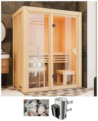 Karibu Sauna Alani 1 – Energieeffiziente Elementsauna - Die Karibu Sauna Alani 1 (155 x 122 x 198 cm) überzeugt durch hervorragende Energieeffizienz dank 68 mm Wandstärke und integrierter Dämmung. Ideal für entspannende Momente mit einer Liegefläche und stilvollem Design.