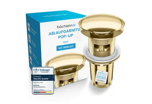 Bächlein Ablaufgarnitur Pop Up - Werkzeugloser Einbau in Gold - Ablaufgarnitur für Waschbecken mit Click Clack Funktion und Überlauf, einfach zu installieren und elegant in Gold. Ideal für moderne Badezimmer.