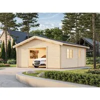Palmako Holzgarage Roger ohne Tor 540 cm x 540 cm - Fertiggarage aus 44 mm starken Blockbohlen, naturbelassen und geräumig. Inklusive Doppelfenster und Nebeneingangstür mit Iso-Verglasung für vielseitige Nutzung. Schneller Aufbau dank fertig konfektionierter Bauteile.