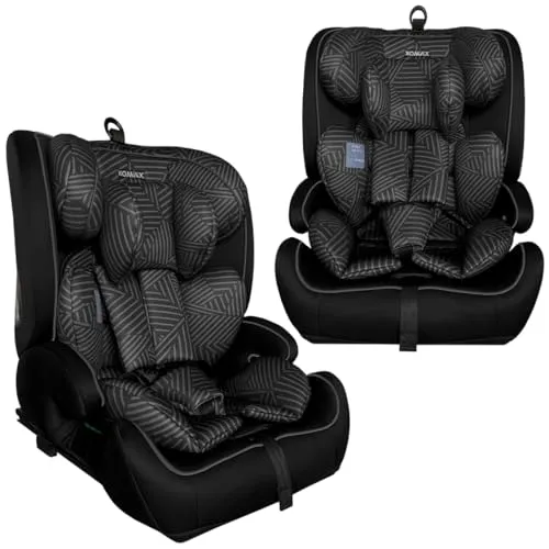XOMAX HC02S Kindersitz ISOFIX 9–36 kg | ECE R129 i-Size | Gruppe 1/2/3 mit 5-Punkt-Gurt & Top Tether | mitwachsender Auto-Kindersitz höhenverstellbar, Sitzerhöhung (Streifen-Schwarz-Weiß)