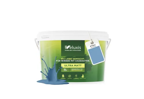 Veluxis® Innenwandfarbe Blau - 5 Liter, hochdeckend und tropfarm - Entdecken Sie die hochwertige Veluxis Innenwandfarbe in Blau, ideal für stilvolle Wohnräume. Die geruchsarme, anwenderfreundliche Farbe sorgt für ein sauberes Streicherlebnis und deckt bis zu 22 m².